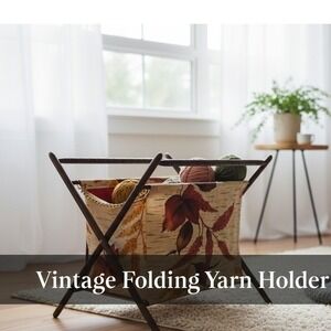 Vintage Folding Wood Knitting Sewing Caddy Floral Fabric Yarn Holder Basket